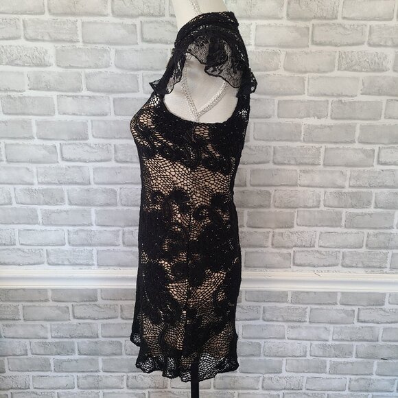 Vintage Ann Ferriday Y2K Black Lace Dress Fishnet Zipper Detail Ruffle Sleeve - Picture 8 of 11